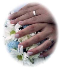 Wedding rings on hands with flowers
